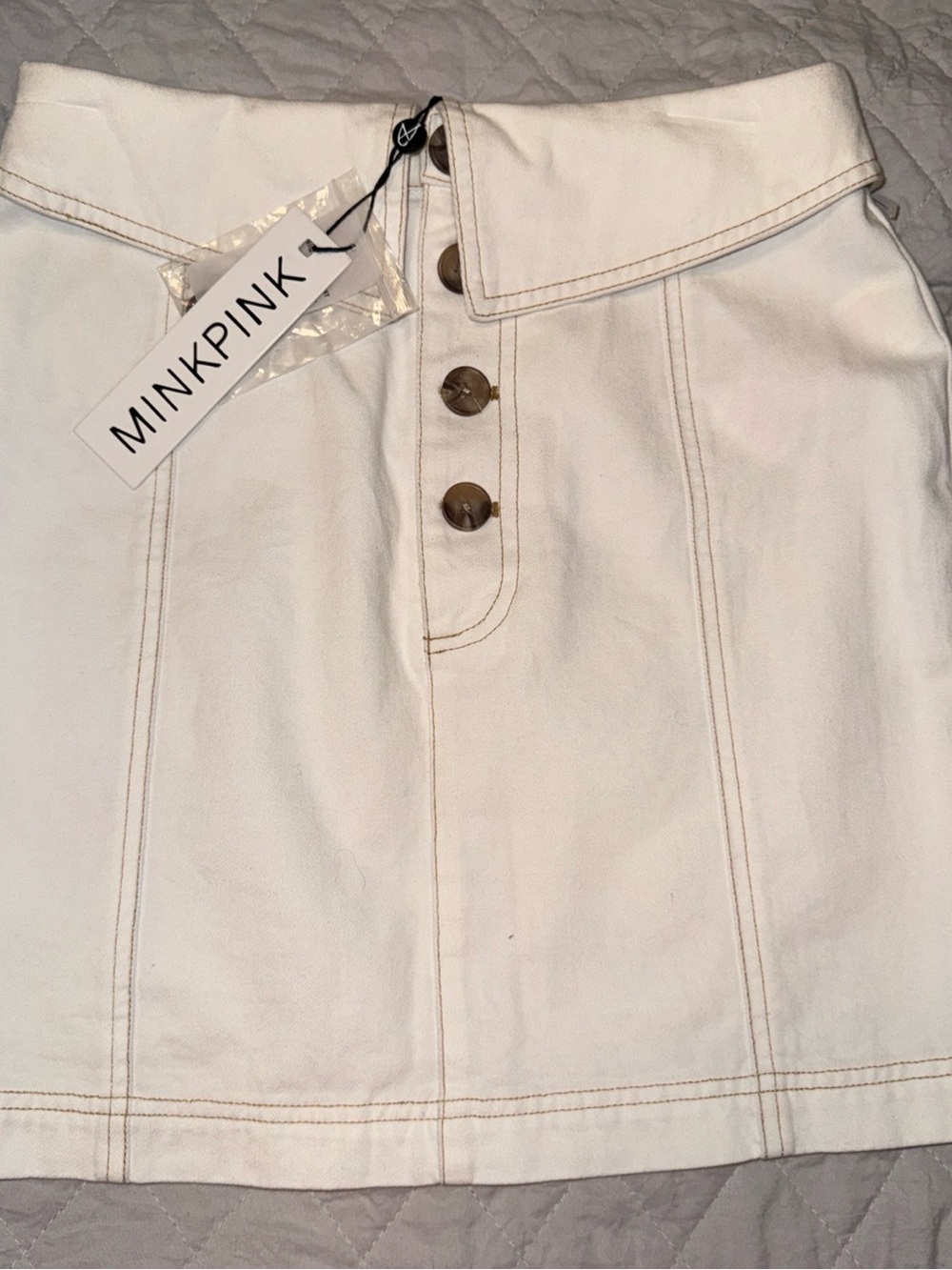 NWT MINKPINK White Denim Button-Front Mini Skirt